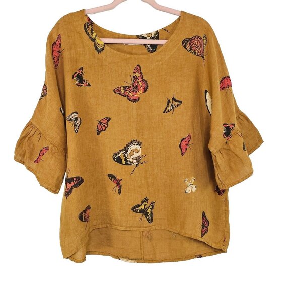 Viola Borghi Tops - Viola Borghi Womens Linen Blouse Small Tan Boho Oversized Ethereal Baggy Relaxed